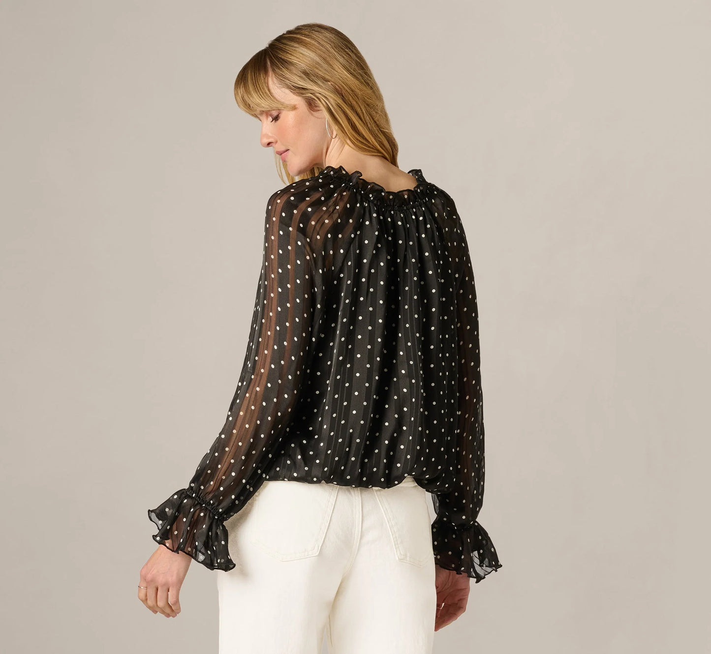 Long Sleeve Chiffon Ruffle Blouse In Black Cream Dot