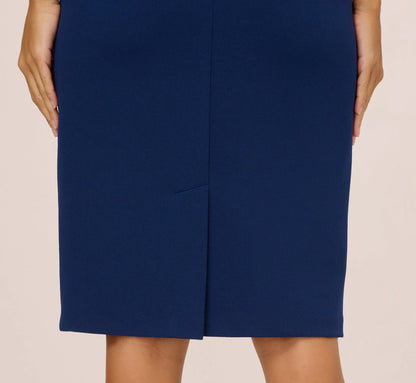 Short Sleeve Bow Waist Sheath Dress In Navy Sateen