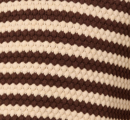 Crew Neck Button Front Striped Pointelle Cardigan Sweater In Cream Dark Brown