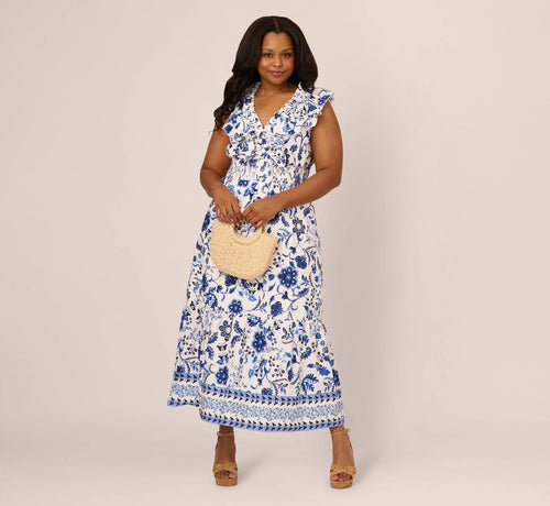 Plus Size Sleeveless Ruffle Collar Printed Midi Dress In White Blue Multi