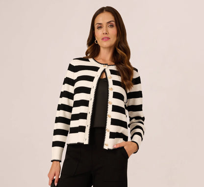 Textured Knit Blanket Stitch Cardigan Sweater In Ivory Black