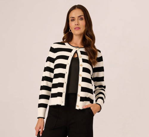 Textured Knit Blanket Stitch Cardigan Sweater In Ivory Black