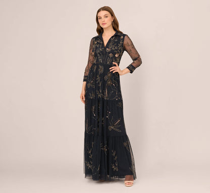 Three Quarter Sleeve Collared Floral Beaded Gown In Midnight Multi