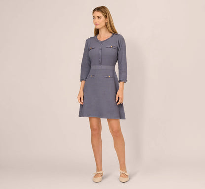 Three Quarter Sleeve Waffle Knit Short Dress In Dusty Blue