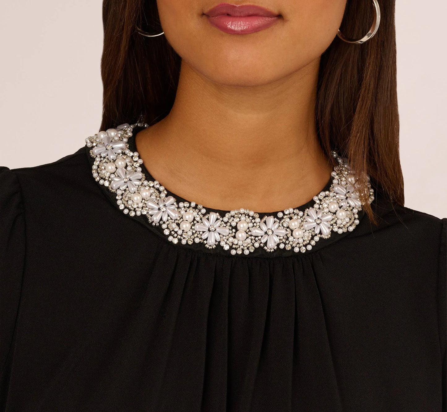 Cap Sleeve Pearly Collar Top In Black
