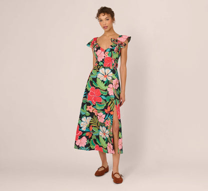 3D Tropical Floral Cotton A Line Midi Dress In Black Multi