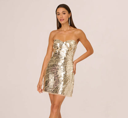 Strapless Mirror Sequin Mini Cocktail Dress In Light Gold