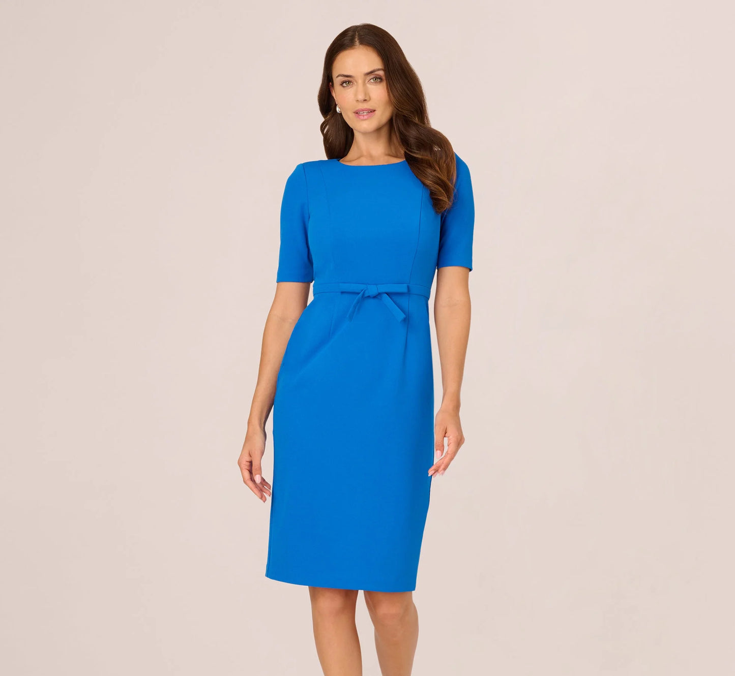 Short Sleeve Bow Waist Sheath Dress In Cool Cobalt