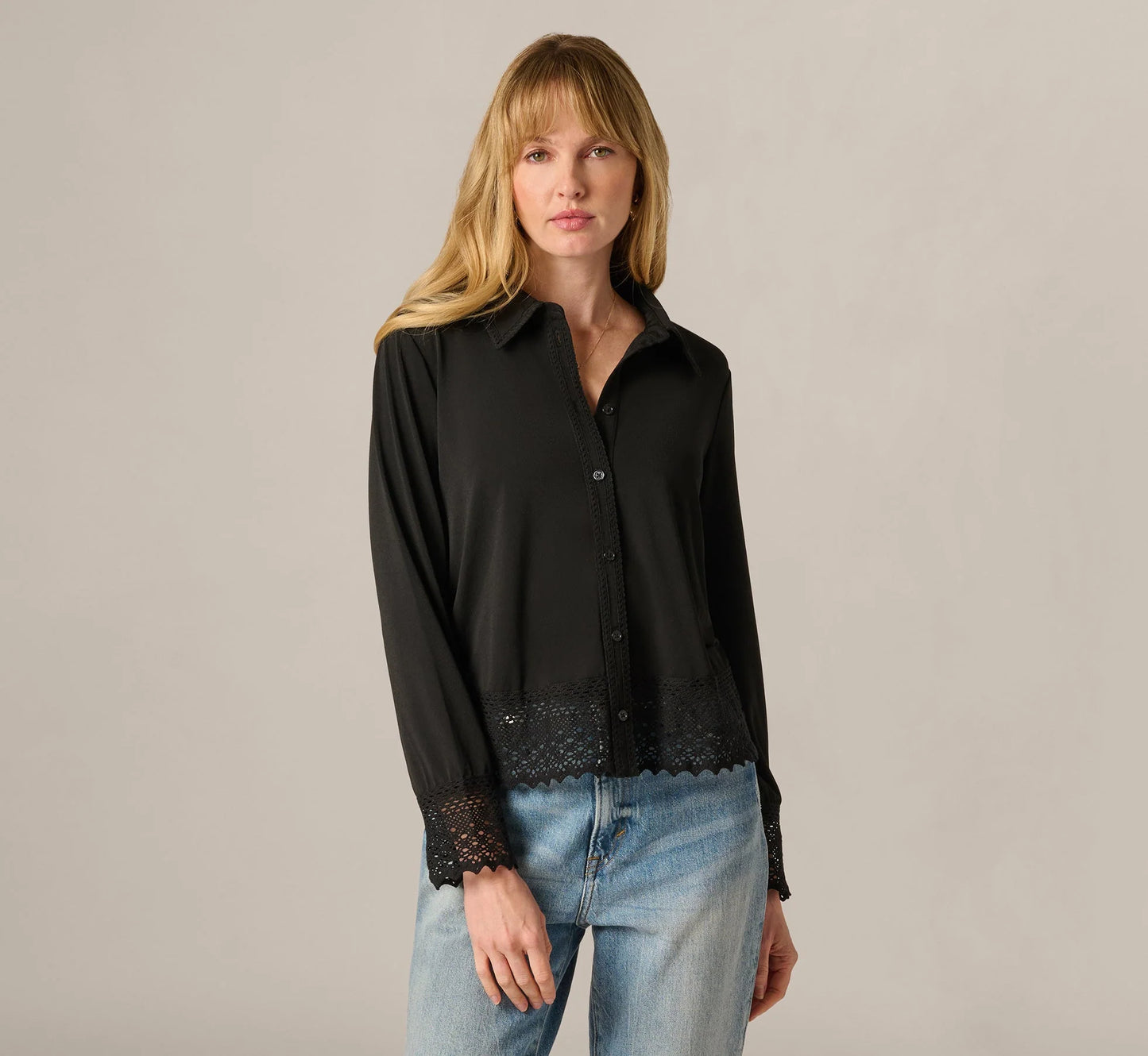 Long Sleeve Crochet Lace Collared Blouse In Black