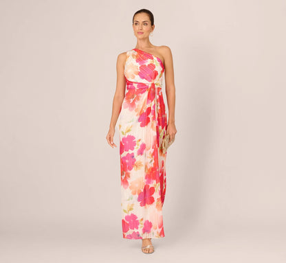 One Shoulder Watercolor Floral Stripe Gown In Ivory Pink Multi