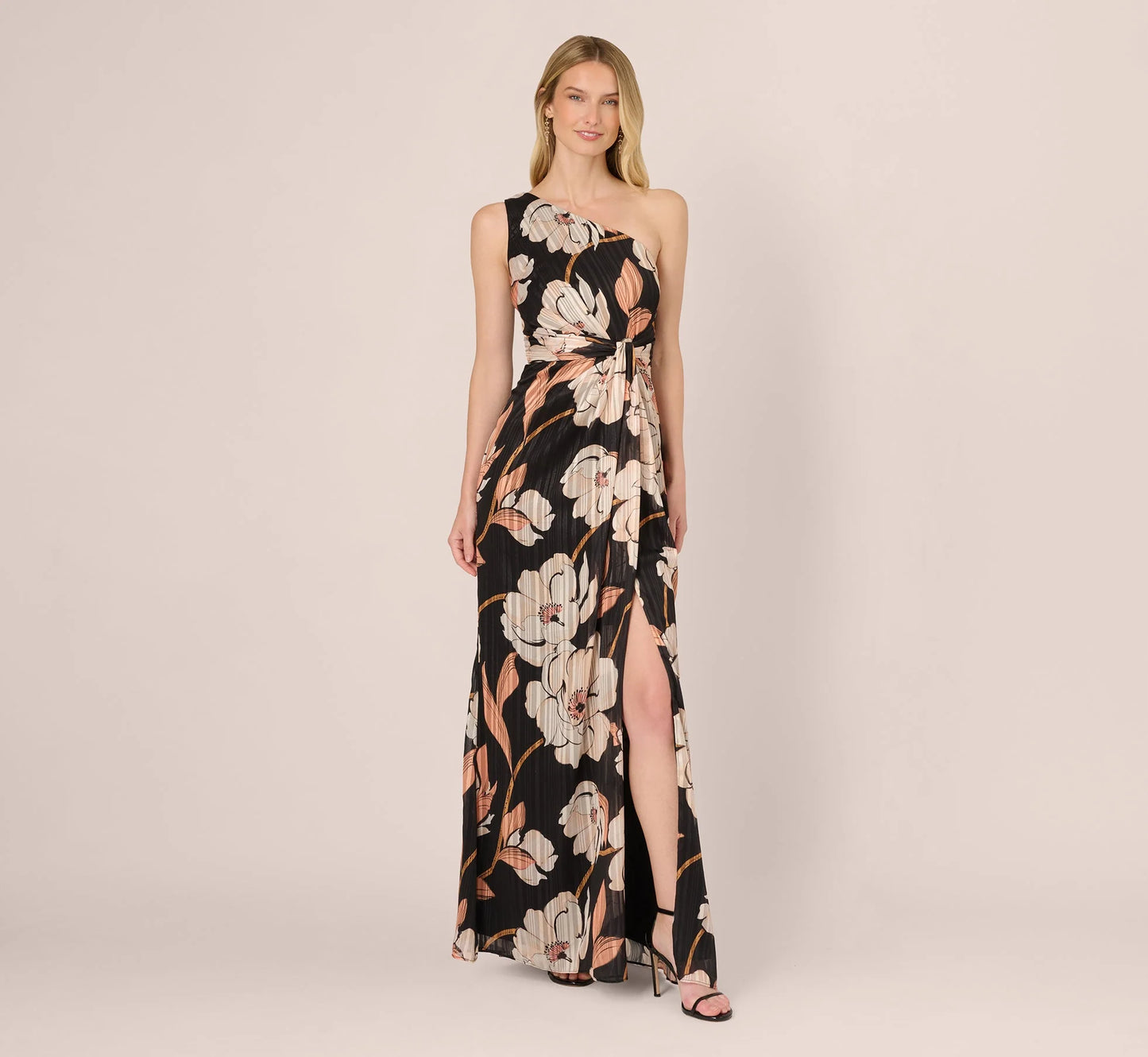 One Shoulder Floral Ribbon Stripe Gown In Black Multi