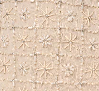 Off Shoulder Pearly Beaded Column Gown In Ivory Nude