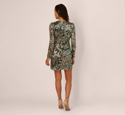Long Sleeve Metallic Sheath Dress In Green Gold