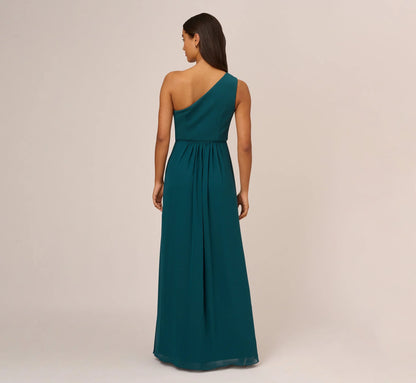 One Shoulder Chiffon Long Gown In Hunter