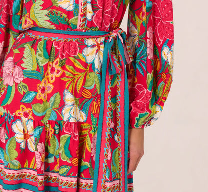 Bishop Sleeve Tropical Floral Short Dress In Red Multi