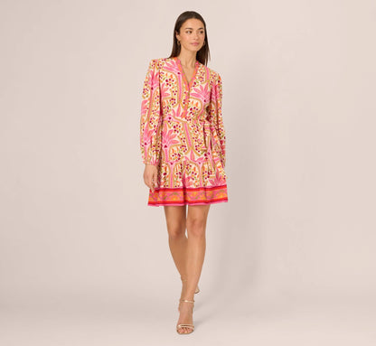 Long Sleeve Printed Short Flounce Dress In Pink Multi