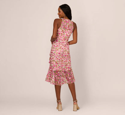 Floral Embroidered Flounce Halter Dress In Pink Multi