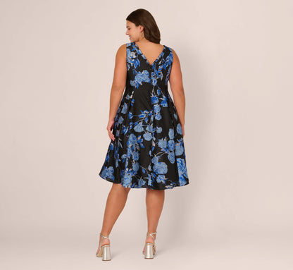 Plus Size Floral Jacquard Short Fit And Flare Dress In Blue Black Multi