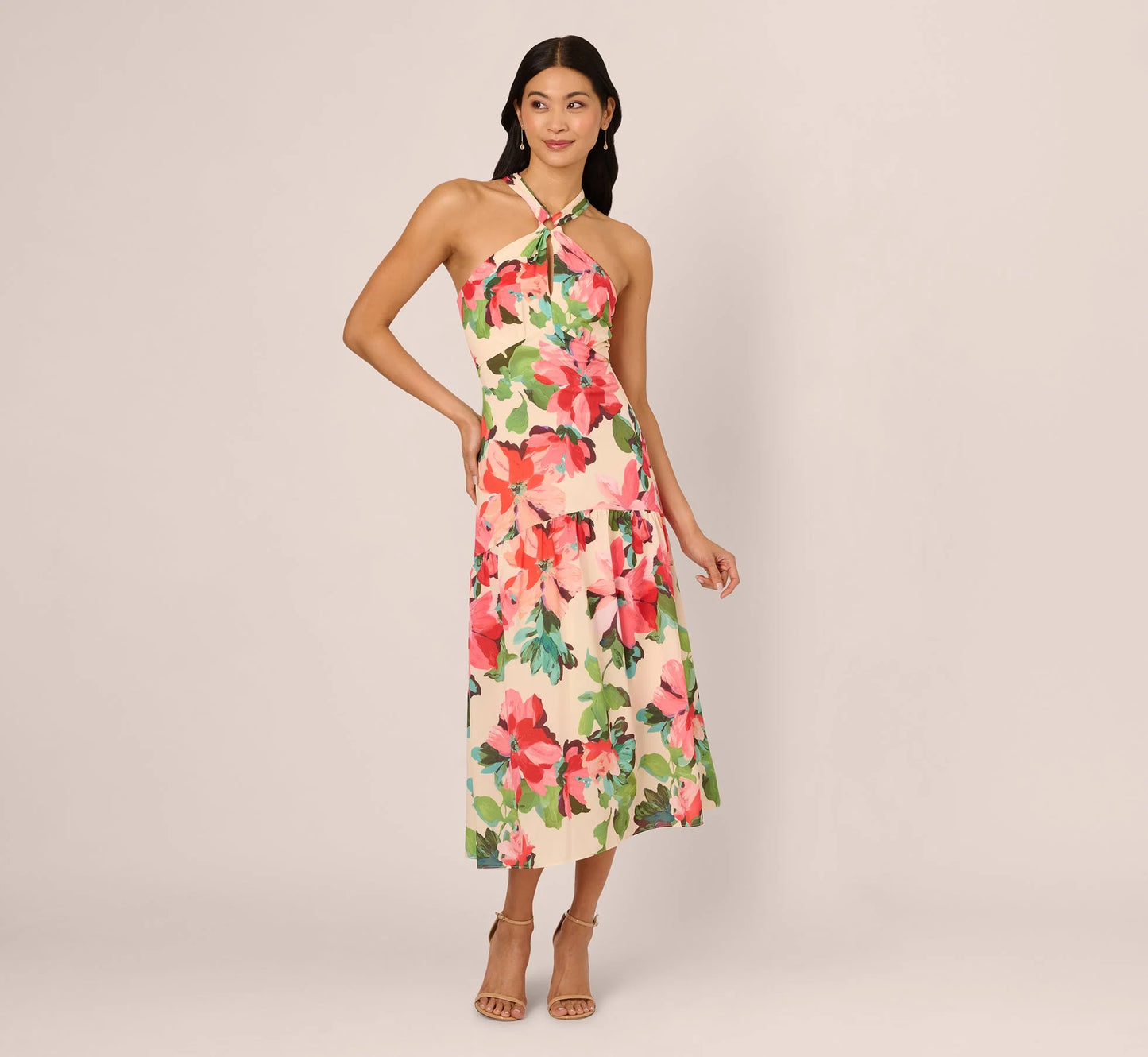 Floral Keyhole Halter Flounce Dress In Blush Multi