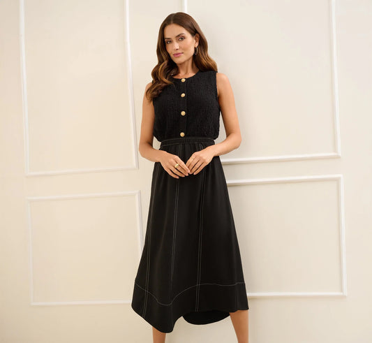 Contrast Stitching A Line Midi Skirt In Black Ivory
