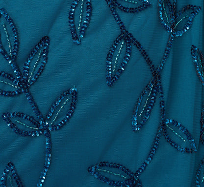 Jasmine Beaded Blouson Gown With Sheer Short Sleeves In Teal Sapphire