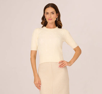 Short Sleeve Pearly Collar Sweater In Sugar Cream