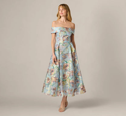 Off Shoulder Watercolor Floral Jacquard Ankle Dress In Blue Multi