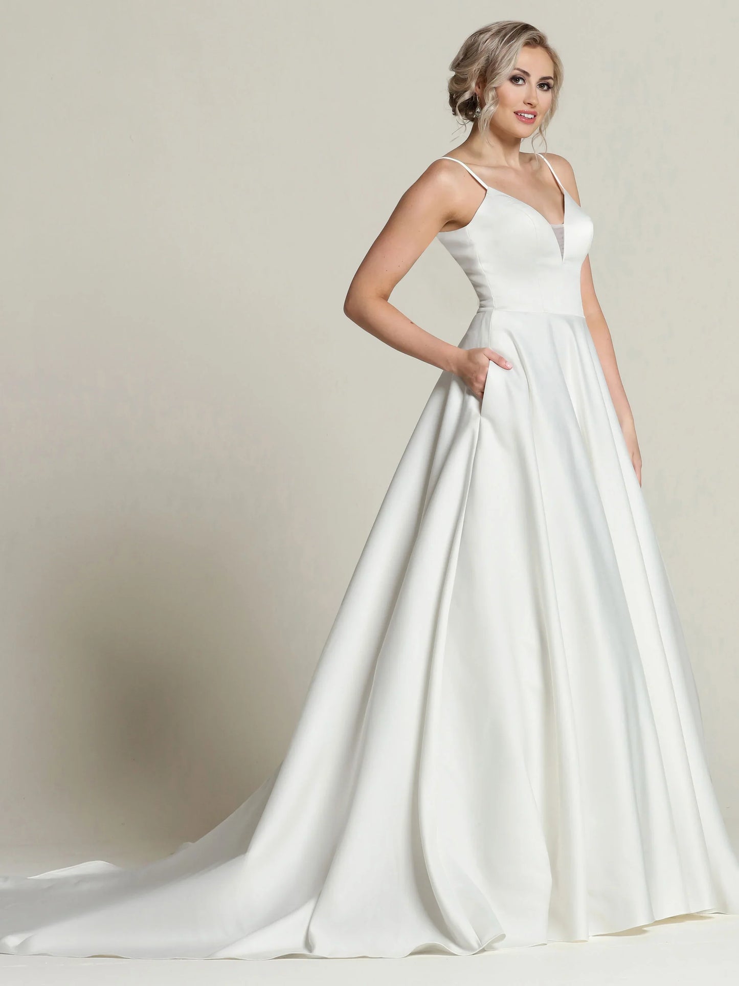 SATIN BALL GOWN WITH SPAGHETTI STRAPS AND SCOOP BACK