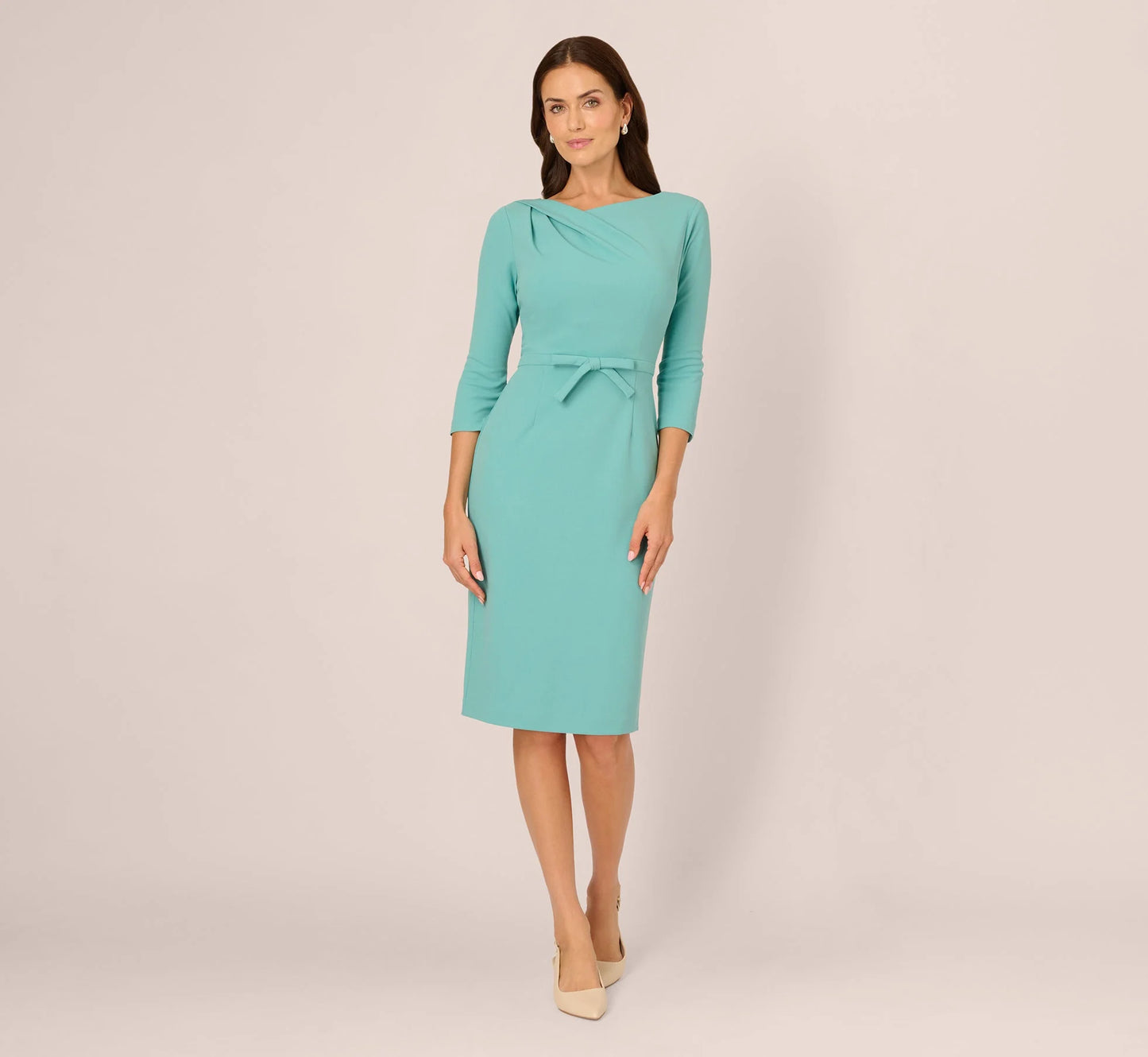 Three Quarter Sleeve Drape Collar Sheath Dress In Smoky Jade