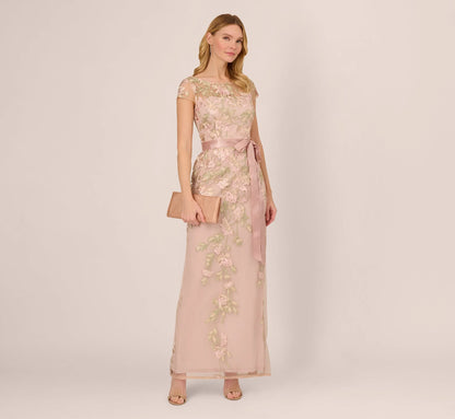 Short Sleeve Floral Embroidered Gown With Ribbon Tie Waist In Blush Nude Multi