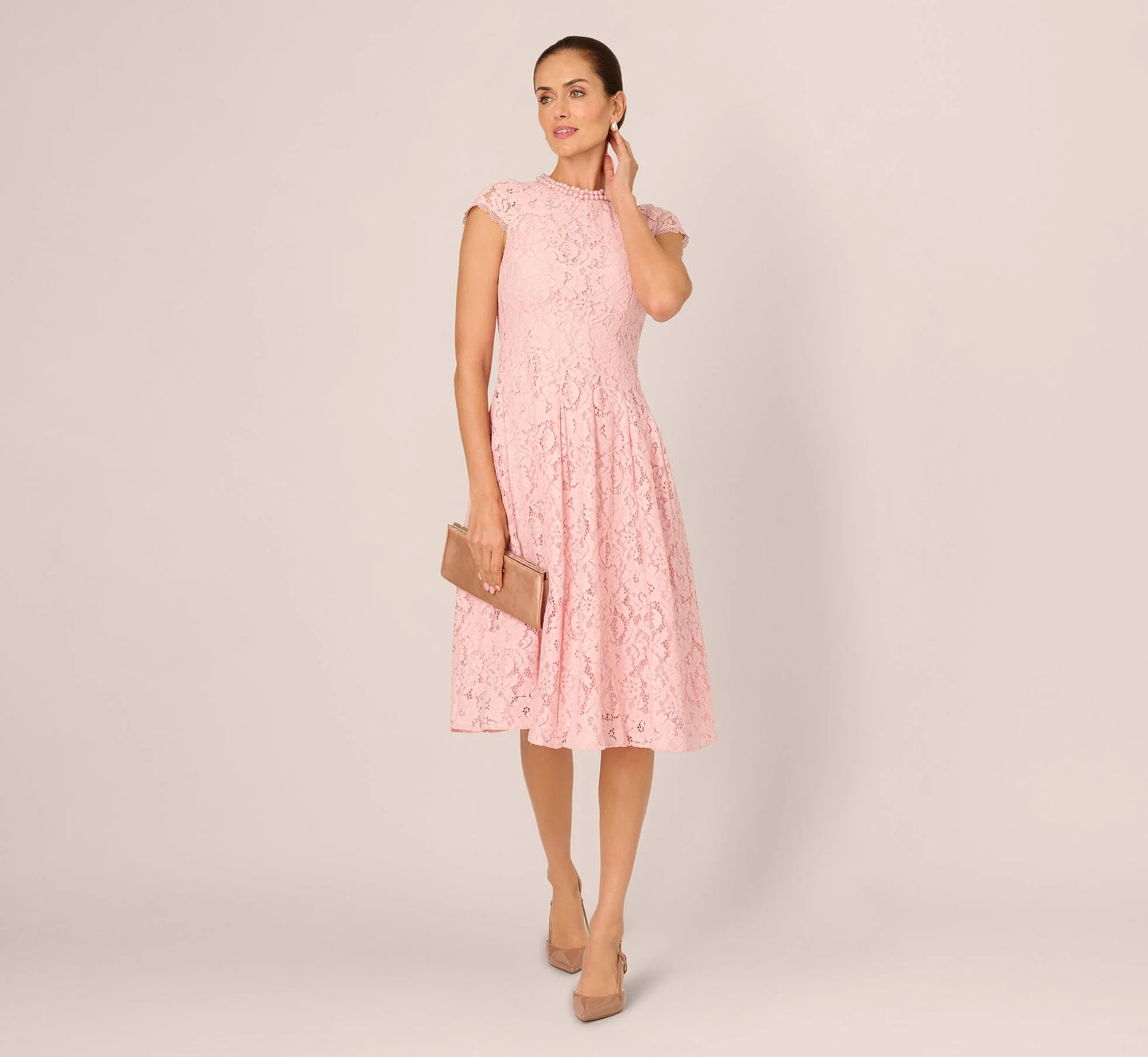 Cap Sleeve Pearly Lace Midi Dress In Blush Whisper