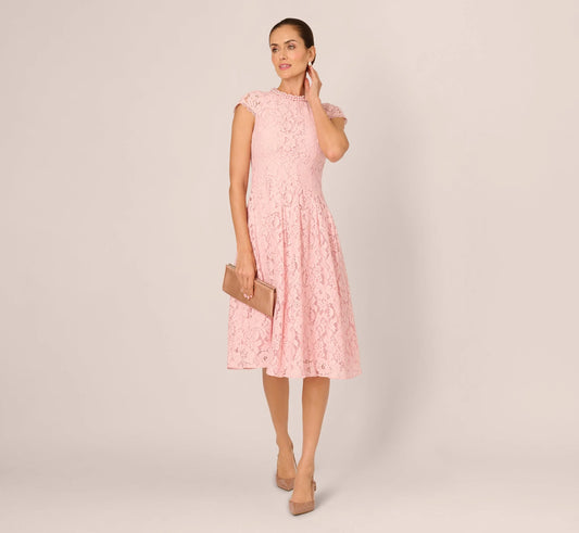 Cap Sleeve Pearly Lace Midi Dress In Blush Whisper