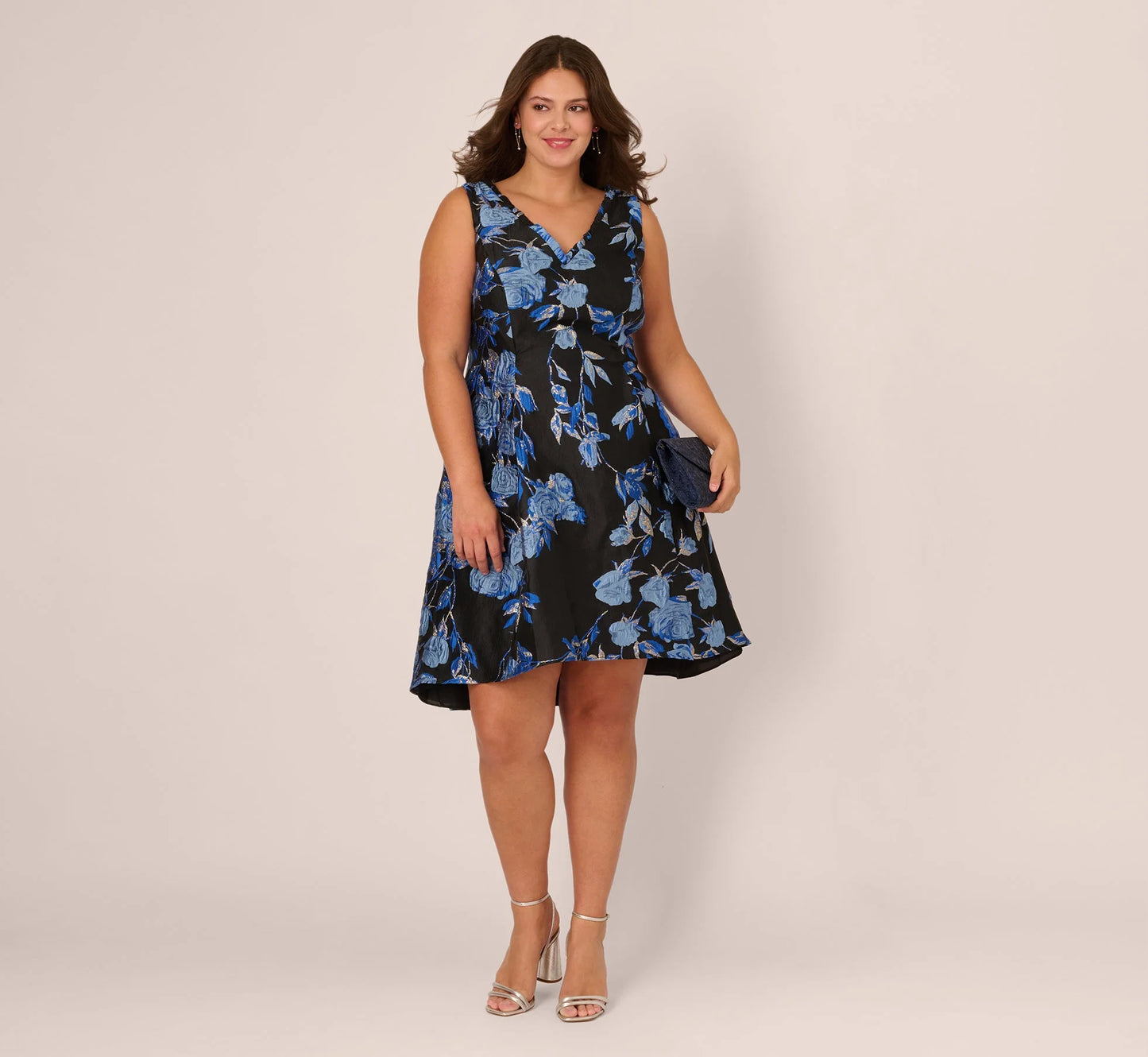 Plus Size Floral Jacquard Short Fit And Flare Dress In Blue Black Multi