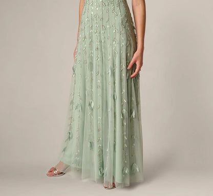 Short Sleeve 3D Beaded Vine Gown In Icy Sage