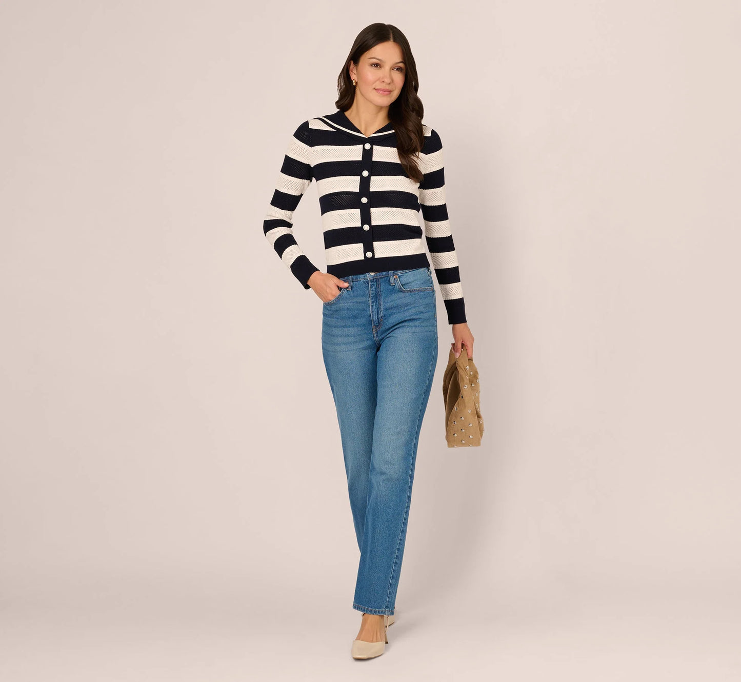 Striped Open Knit Sailor Collar Cardigan In Blue Moon Ivory