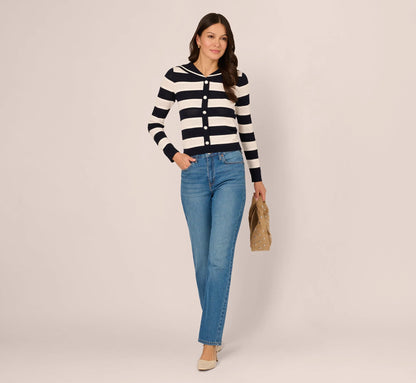 Striped Open Knit Sailor Collar Cardigan In Blue Moon Ivory