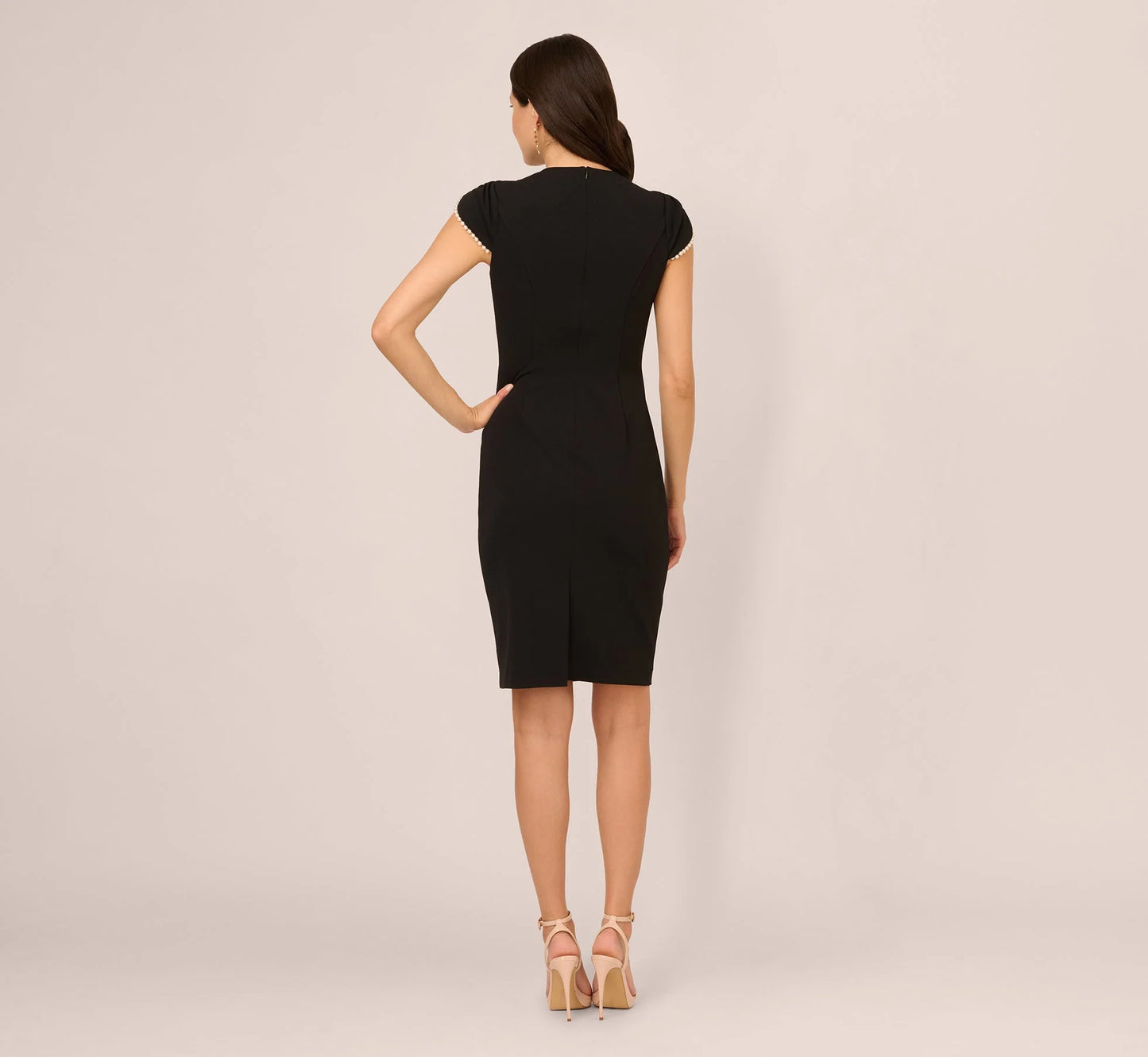 Cap Sleeve Pearly Trim Sheath Dress In Black Ivory