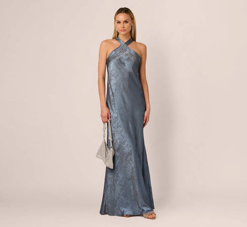 Foiled Mermaid Gown With Halter Neckline In French Blue