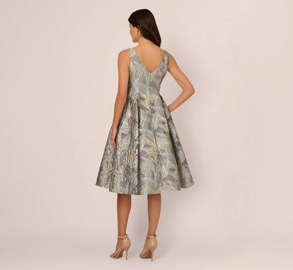 Tea Length Jacquard Dress With Sleeveless Bodic In Slate