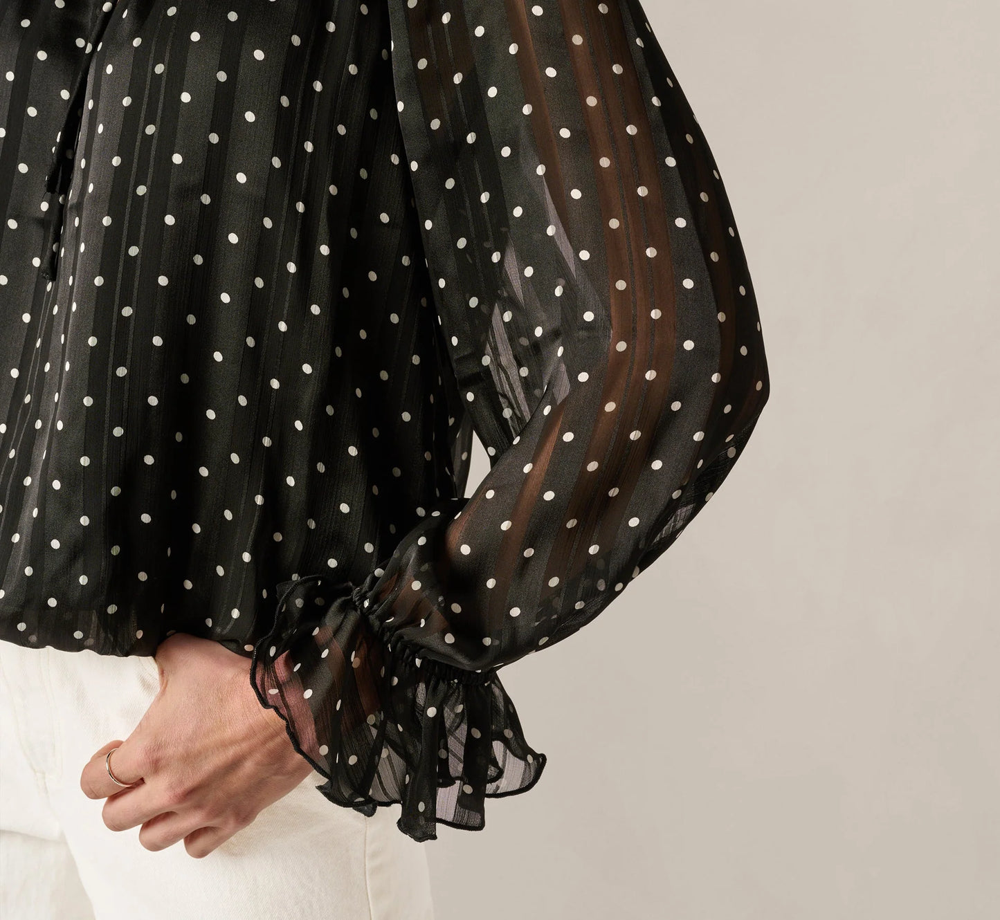 Long Sleeve Chiffon Ruffle Blouse In Black Cream Dot