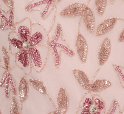 Plus Size Hand Beaded Short Sleeve Floral Godet Gown In Blush Pink