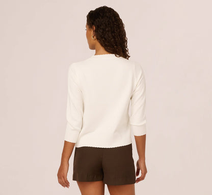 Three Quarter Sleeve Scalloped Pullover Sweater In Ivory