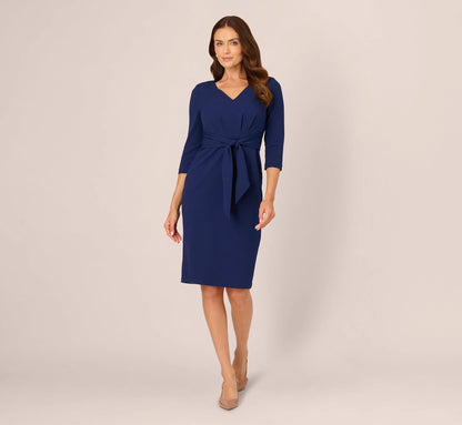 Three Quarter Sleeve Pleated Midi Dress With Tie Waist In Navy Sateen