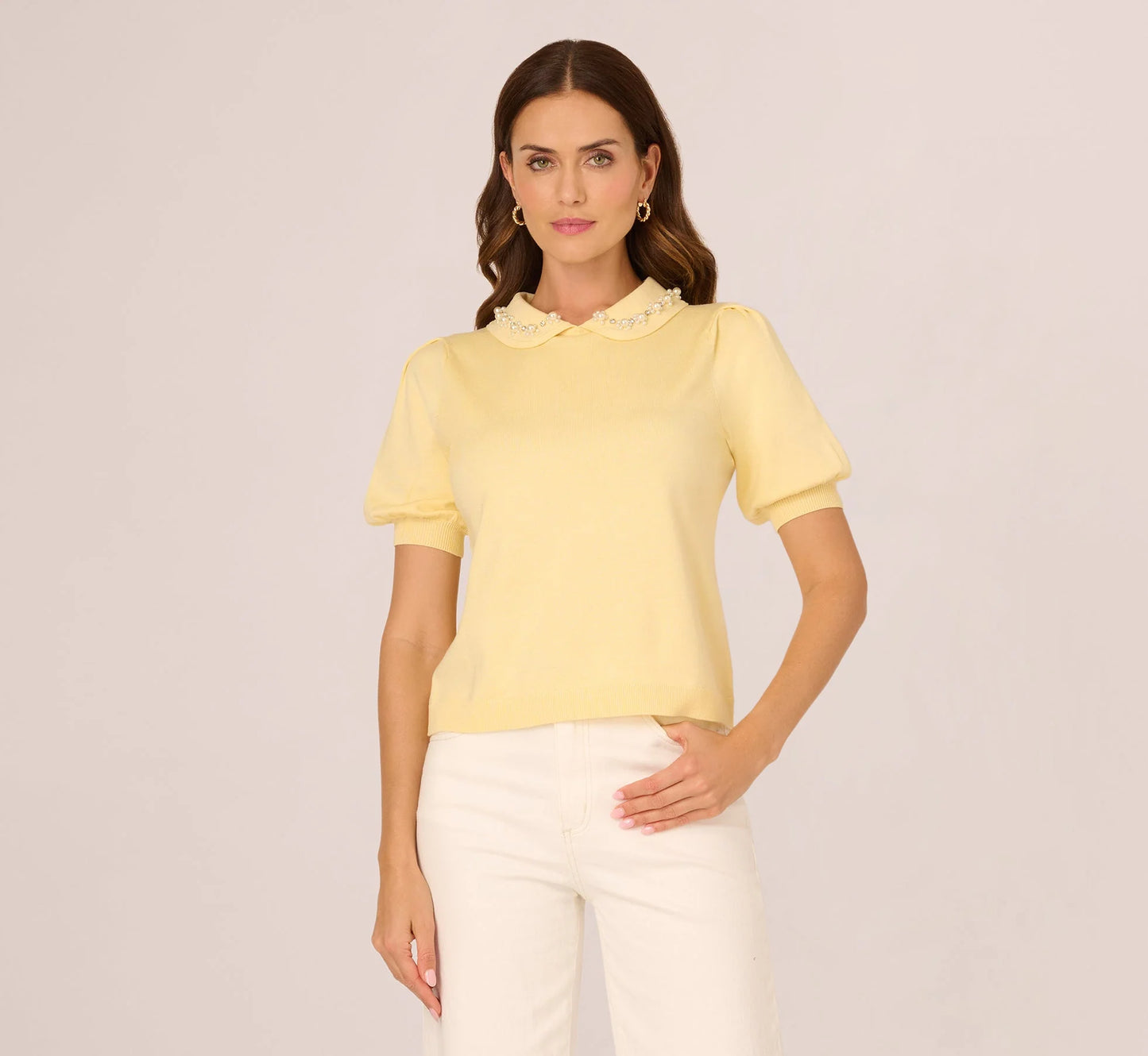 Puff Sleeve Beaded Peter Pan Collar Top In Pastel Yellow