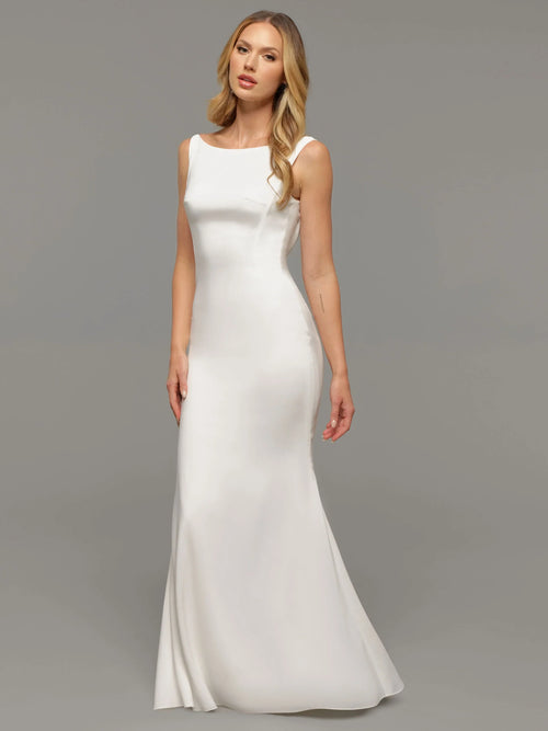 CHIFFON MERMAID WEDDING DRESS WITH BATEAU NECKLINE AND LONG SLEEVES