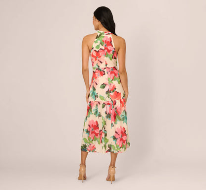 Floral Keyhole Halter Flounce Dress In Blush Multi
