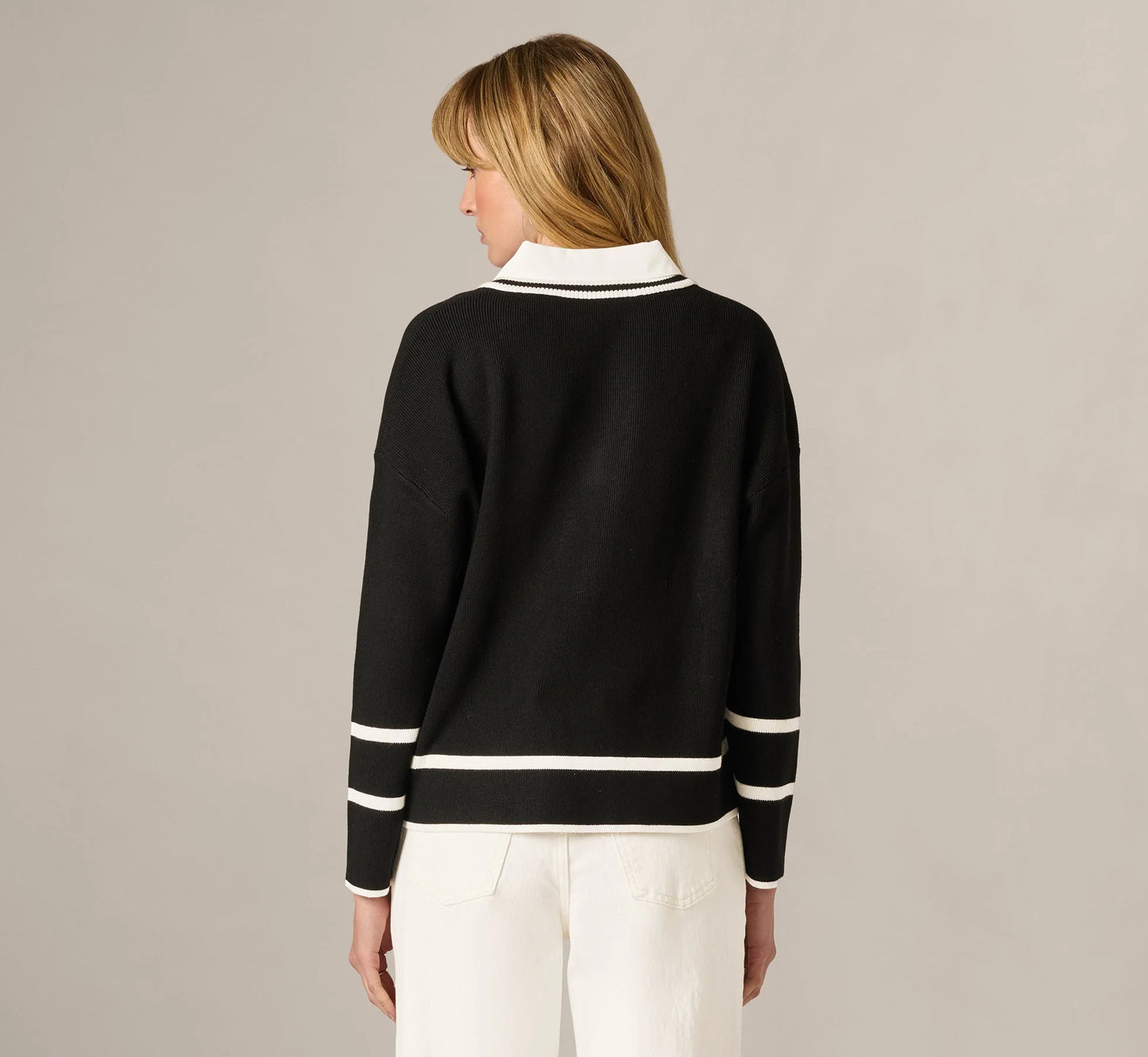 Long Sleeve Drop Shoulder Twofer Sweater In Black Ivory
