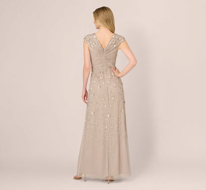 Cap Sleeve Beaded Sequin Floral Gown In Marble