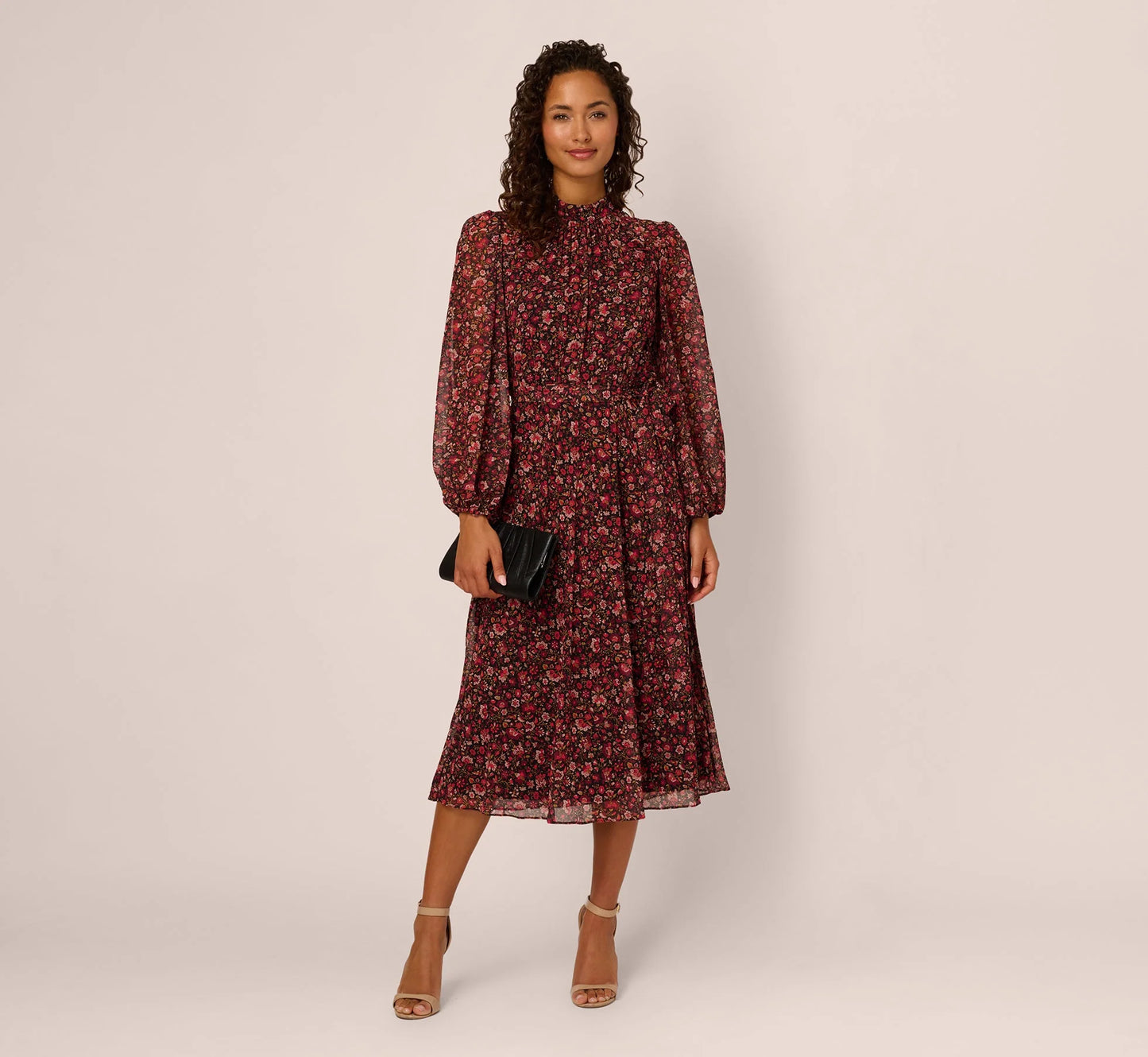 Long Sleeve Ditsy Floral Chiffon Midi Dress In Black Multi