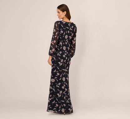 Long Sleeve Floral Chiffon Maxi Dress In Navy Blush